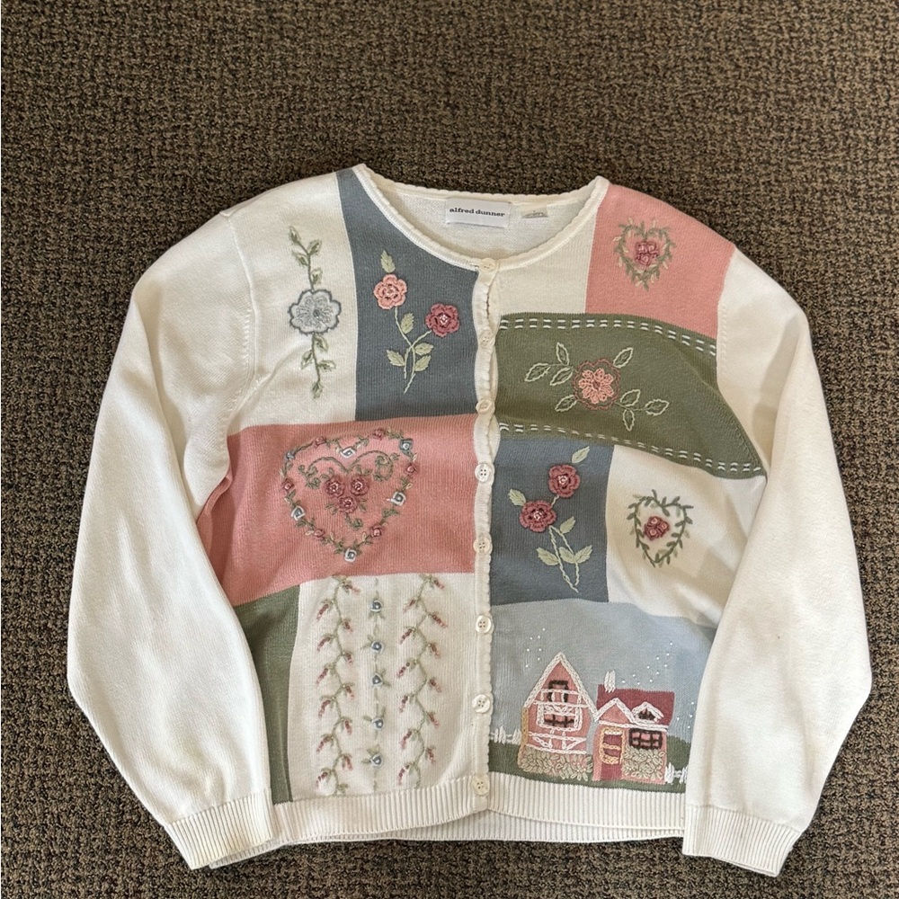 Alfred Dunner Pink and Green Patchwork Cardigan